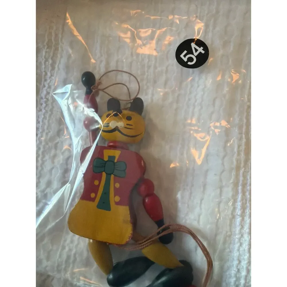 Vintage Wooden Jumping Jack Cat Pull String Hand Painted Folk Art Toy 7